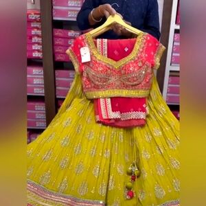 Green Pink Embroidered Lehenga Choli